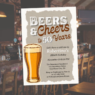 Men's Vintage Cheers & Beers Glass 50th Birthday Invitation