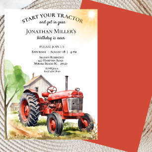 Men's Vintage Farm  Red Tractor Birthday Party   Invitation