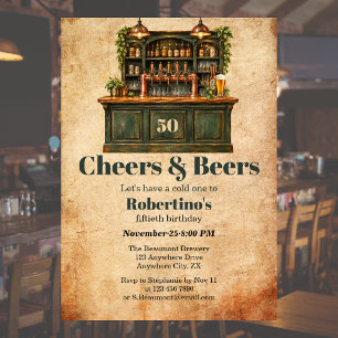 Men's Vintage Pub Cheers & Beer 50th Birthday Invitation
