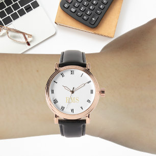 Mens Vintage Rose Gold Initial Black Leather Strap Watch