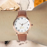 Mens Vintage Rose Gold Initial Brown Leather Strap<br><div class="desc">Create your own custom, personalised, elegant stylish cool unique classy faux gold, black and white hours, monogrammed, mens rose gold retro vintage look style brown leather strap watch. Simply type in your name / monogram / initials, to customise. Makes a great gift, for birthday, graduation, fathers day, christmas, holidays, wedding,...</div>