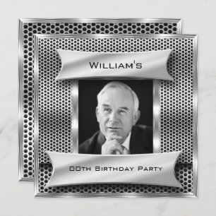Men's Vintage Silver Metal look Photo Birthday Invitation