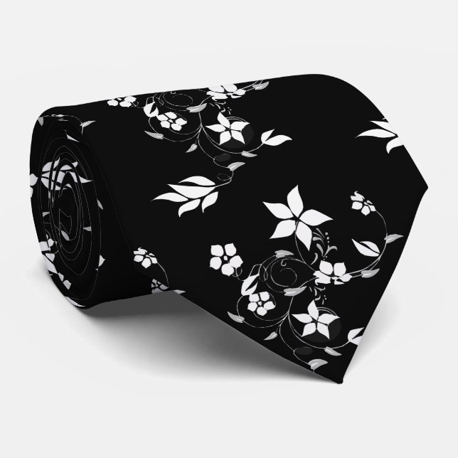 Men's White and Black Floral Botanical Tie (Rolled)