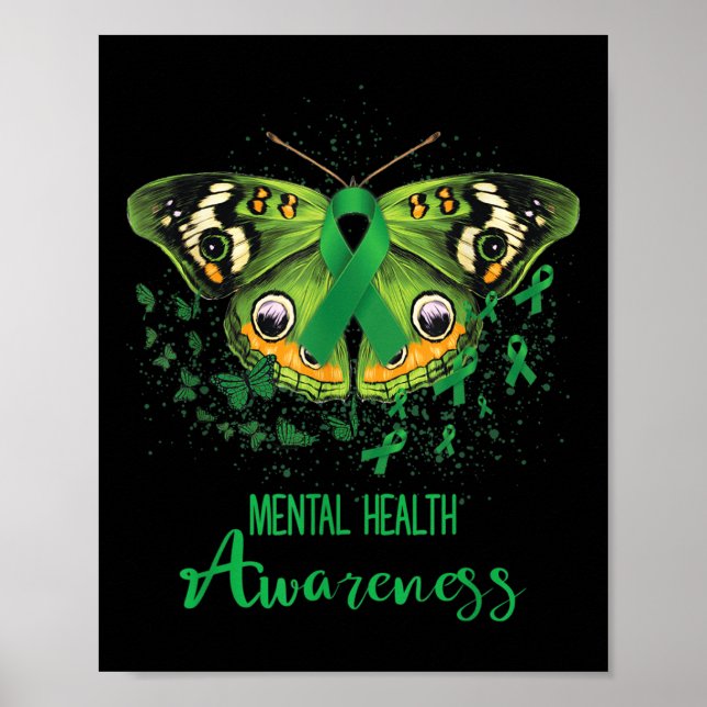 Mental Health Awareness Butterfly Green Ribbon  Poster (Front)