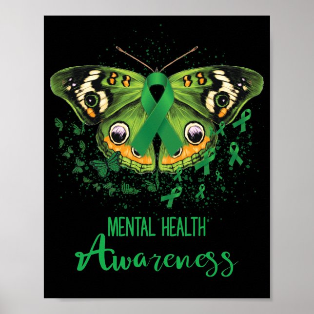 Mental Health Awareness Butterfly Green Ribbon Poster (Front)