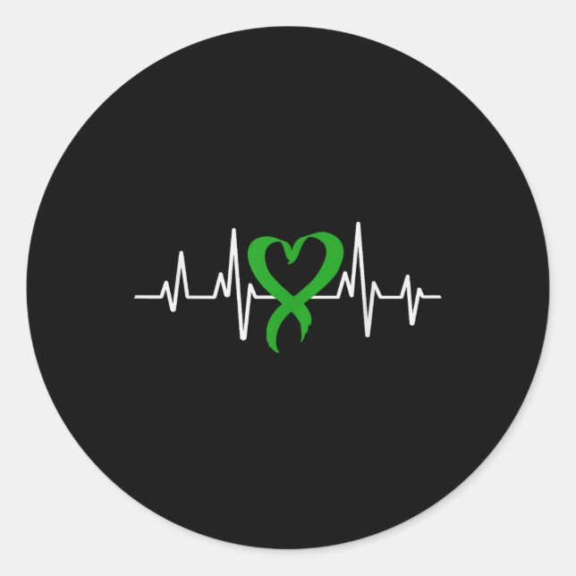 Mental Health Awareness Green Ribbon Heartbeat For Classic Round Sticker (Front)