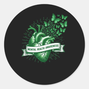 Mental Health Awareness Heart Butterflies Green St Classic Round Sticker