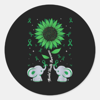 Mental Health Awareness Sunflower Elephant Green R Classic Round Sticker