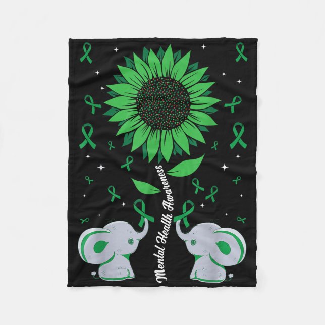 Mental Health Awareness Sunflower Elephant Green R Fleece Blanket (Front)