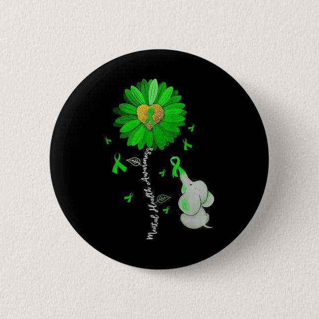 Mental Health Awareness Sunflower Green Ribbon Ele 6 Cm Round Badge (Front)