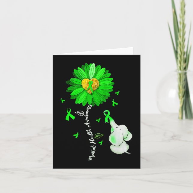 Mental Health Awareness Sunflower Green Ribbon Ele Card (Front)