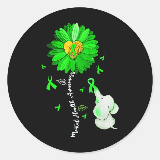 Mental Health Awareness Sunflower Green Ribbon Ele Classic Round Sticker (Front)