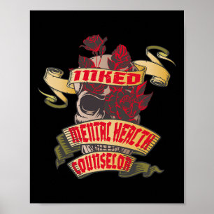 Mental Health Counsellor Inked Skull and Red Roses Poster