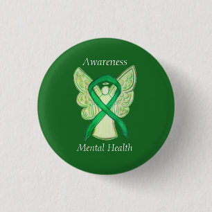 Mental Health Green Awareness Ribbon Angel Pin