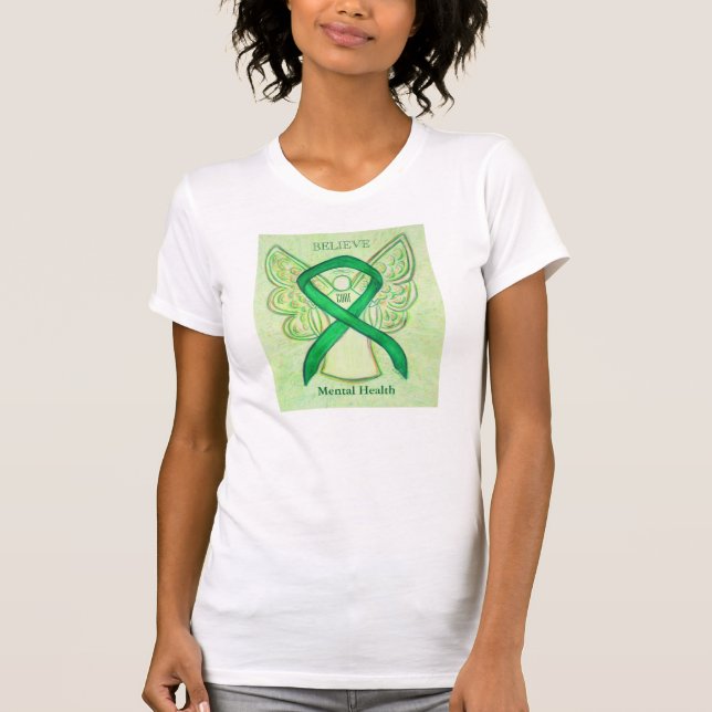 Mental Health Green Awareness Ribbon Angel Shirt (Front)