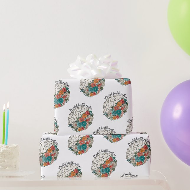 Mental health matters Floral Brain Mental Health Wrapping Paper (Party Gifts)