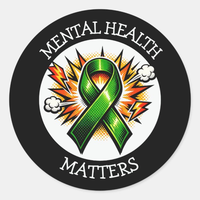 Mental Health Matters Pop Art Green Ribbon Classic Round Sticker (Front)