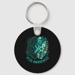 Mental health ptsd awareness brain and floral teal key ring