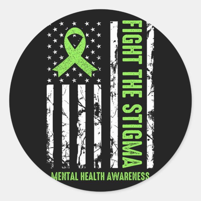 Mental Health Ribbon Usa Flag We Wear Green Mental Classic Round Sticker (Front)