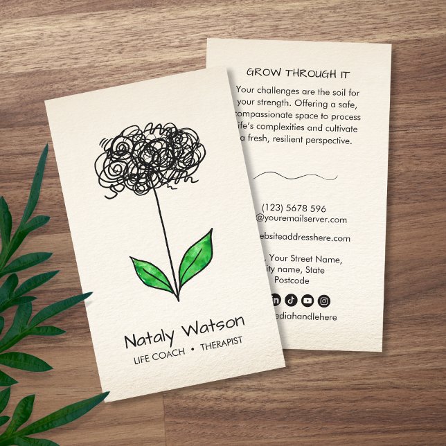 Mental Health Scribble to Growth Sprout Therapist Business Card (Creator Uploaded)