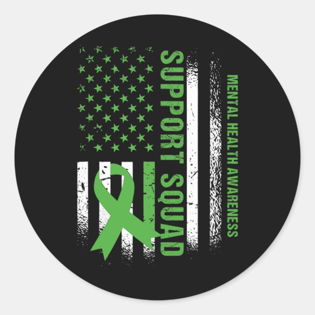 Mental Health Squad Awareness Us Flag Green Ribbon Classic Round Sticker (Front)