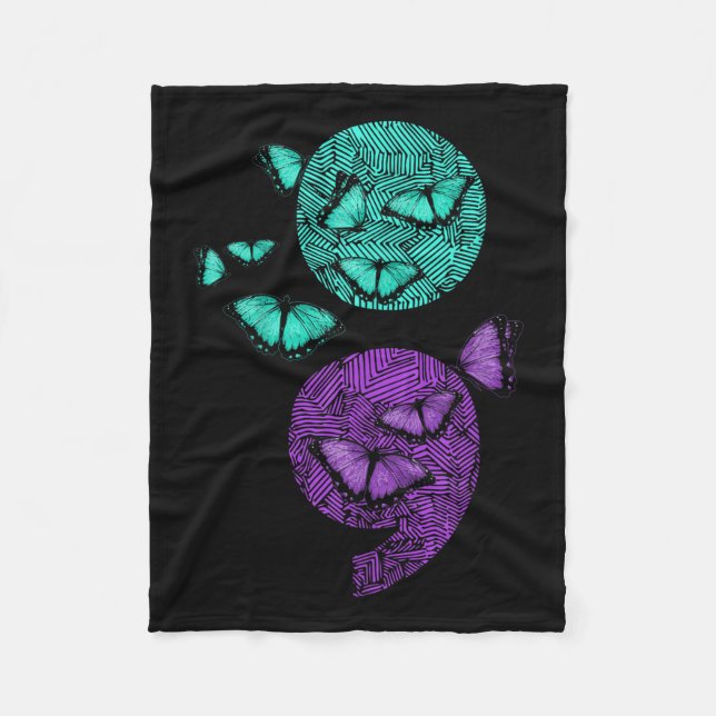 Mental Health Suicide Awareness Semicolon Butterfl Fleece Blanket (Front)