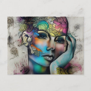 Mental Wellness Woman ,Abstract Vintage Sketch Postcard
