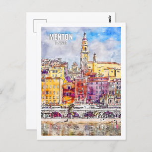 Menton France Famous Travel Place Watercolor Postcard