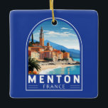 Menton France Travel Art Vintage Ceramic Ornament<br><div class="desc">Menton retro vector travel design. Menton is a town on the French Riviera in southeast France. It’s known for beaches and gardens such as the Serre de la Madone garden.</div>