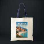 Menton France Travel Art Vintage Tote Bag<br><div class="desc">Menton retro vector travel design. Menton is a town on the French Riviera in southeast France. It’s known for beaches and gardens such as the Serre de la Madone garden.</div>