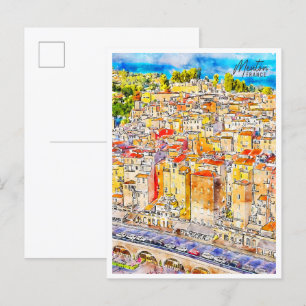 Menton France vintage travel watercolor Postcard