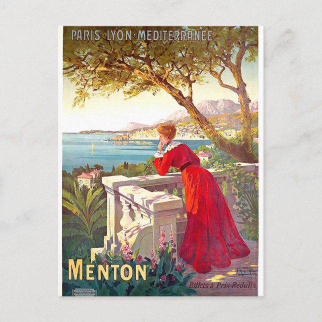 Menton, French riviera landscape, woman on terrace Postcard (Front)