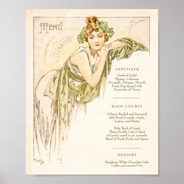 Menu Art Nouveau Wedding Dinner by Mucha Poster (Front)