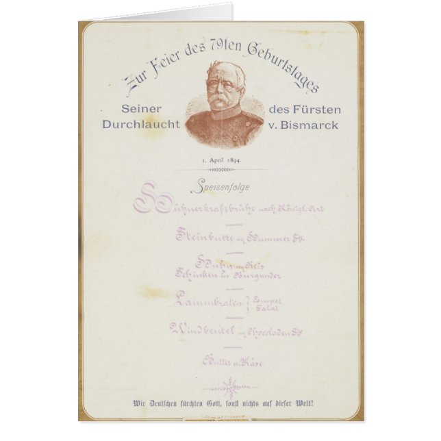 Menu at Prince von Bismarcks (Front)
