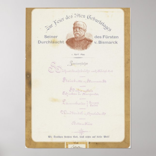 Menu at Prince von Bismarcks Poster (Front)