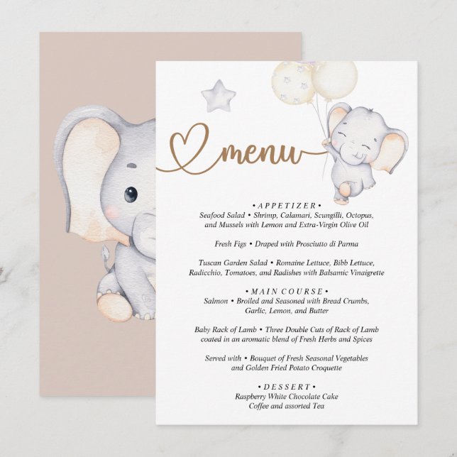 Menu Baby Elephant Baby Shower (Front/Back)