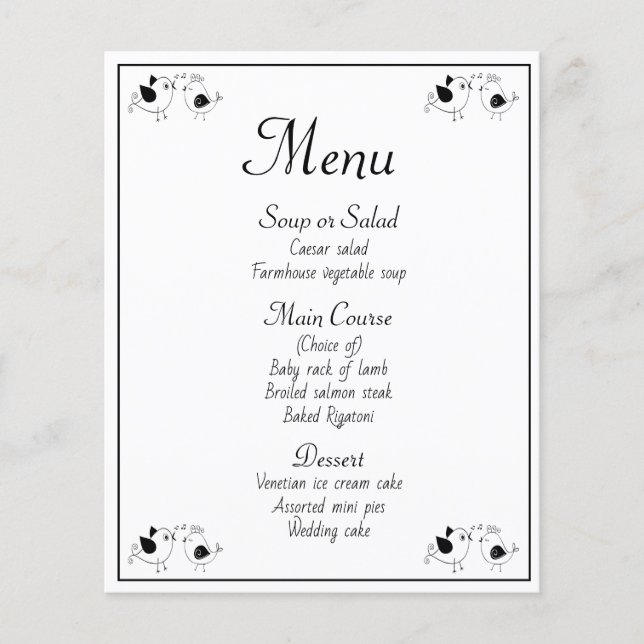 Menu Black White Lovebirds Wedding Party Birds (Front)