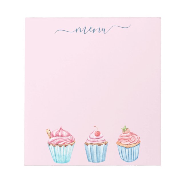 Menu blush pink baking blue cupcakes notepad (Front)