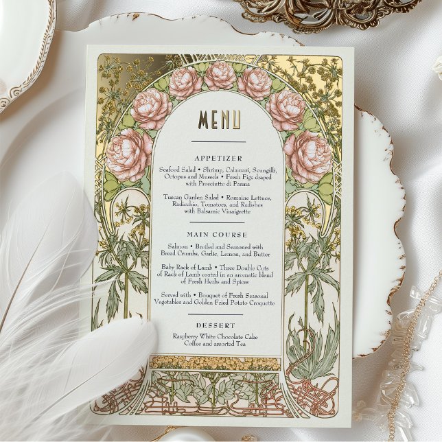 Menu Card Peonies Gold Art Nouveau Mucha (Creator Uploaded)