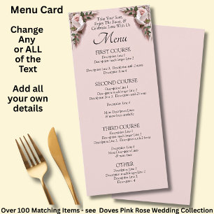 Menu Card - Pink Roses & Doves Wedding
