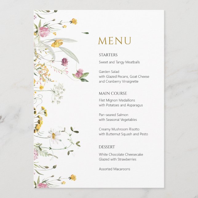 Menu Card Pink Yellow Wildflowers (Front)