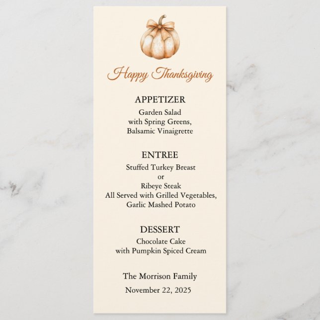 Menu Card, Thanksgiving Menu, Dinner, Lunch Invitation (Front)
