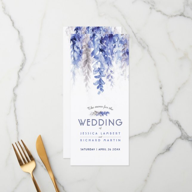 Menu cascading watercolor blue grey winter wedding (Front/Back In Situ)