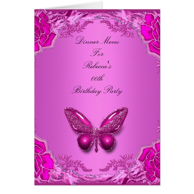 Menu Dinner Card Pink Butterfly Floral (Front)