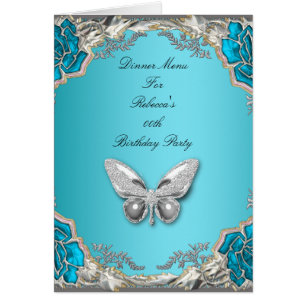 Menu Dinner Card Silver Blue Butterfly