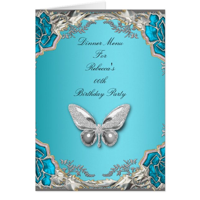 Menu Dinner Card Silver Blue Butterfly (Front)