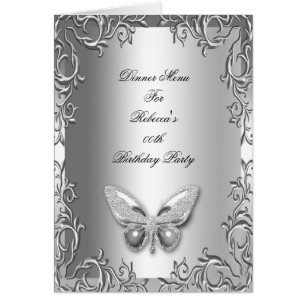 Menu Dinner Card Silver Grey Butterfly Floral