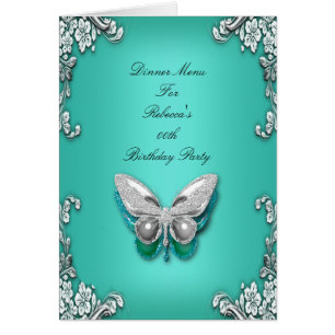 Menu Dinner Card Silver Teal Blue Butterfly
