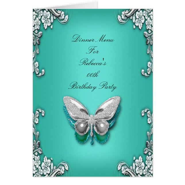 Menu Dinner Card Silver Teal Blue Butterfly (Front)
