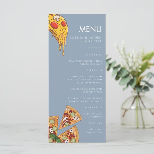 Menu Dusty Blue PIZZA Modern Minimal Wedding (Standing Front)